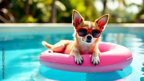 Cute funny chihuahua dog wearing in red sunglasses floating in swimming pool on inflatable pink ring. Happy pet swim in ocean or sea. Animals play in water. Travel vacation, summer holiday concept