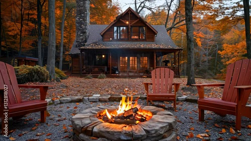 Cozy autumn backyard with fire pit and adirondack chairs