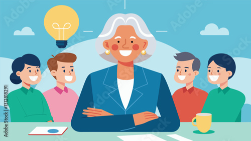 An older woman smiles contently as she receives praise for her innovative ideas during a meeting with her team.. Vector illustration