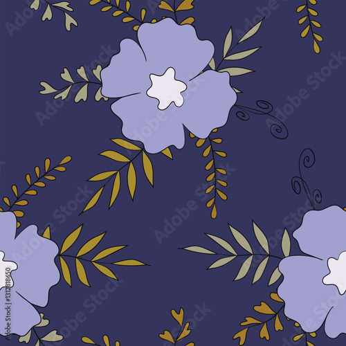 Seamless floral pattern based on traditional folk art ornaments. Colorful flowers on color background. Scandinavian style. Sweden nordic style. Vector illustration. Simple minimalistic pattern.