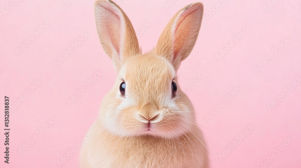 Obraz premium Photo of a little bunny, on a soft pink background Easter theme