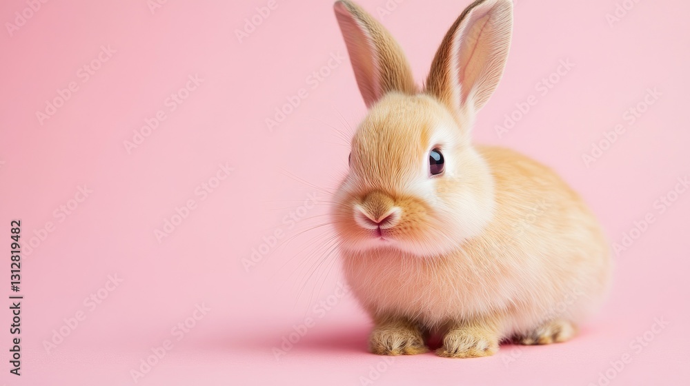Obraz premium Photo of a little bunny, on a soft pink background Easter theme