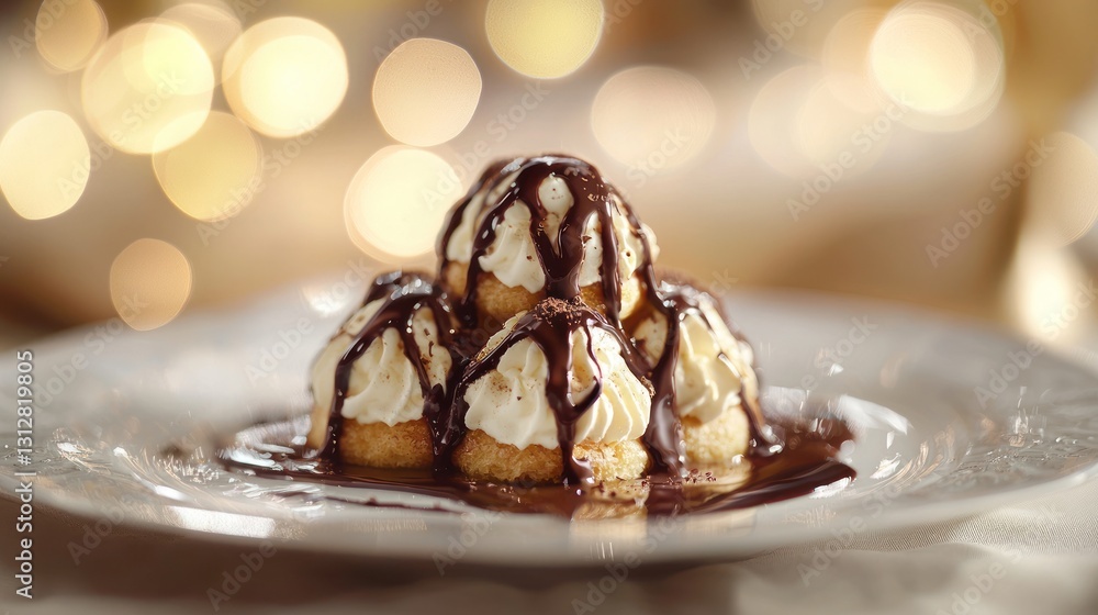 Delicious cream puffs with chocolate sauce on a plate. Delicious cream puffs with chocolate sauce on a plate.