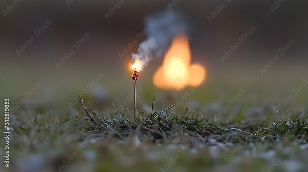 Fototapeta premium Burning Matchstick in Grass at Dusk with Blurred Background