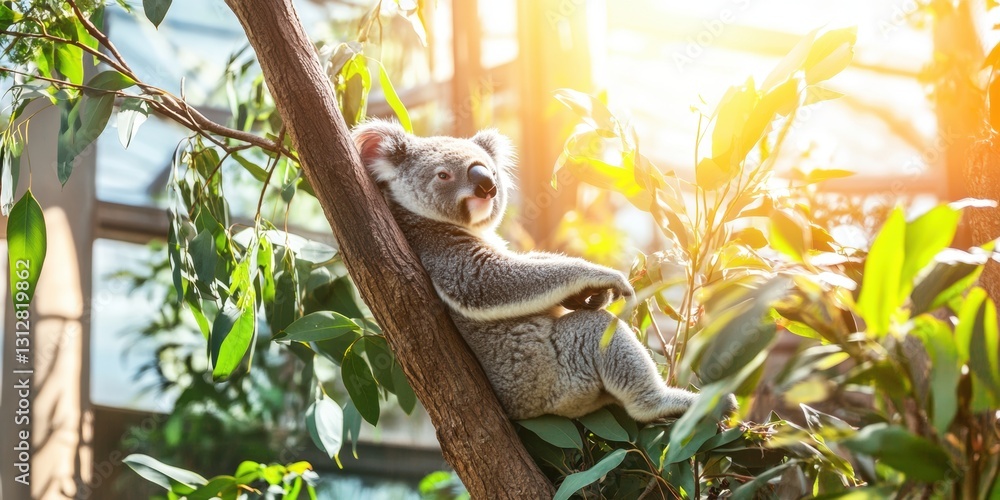Fototapeta premium Sunlit wildlife sanctuary playful koala climbing tree - nature conservation