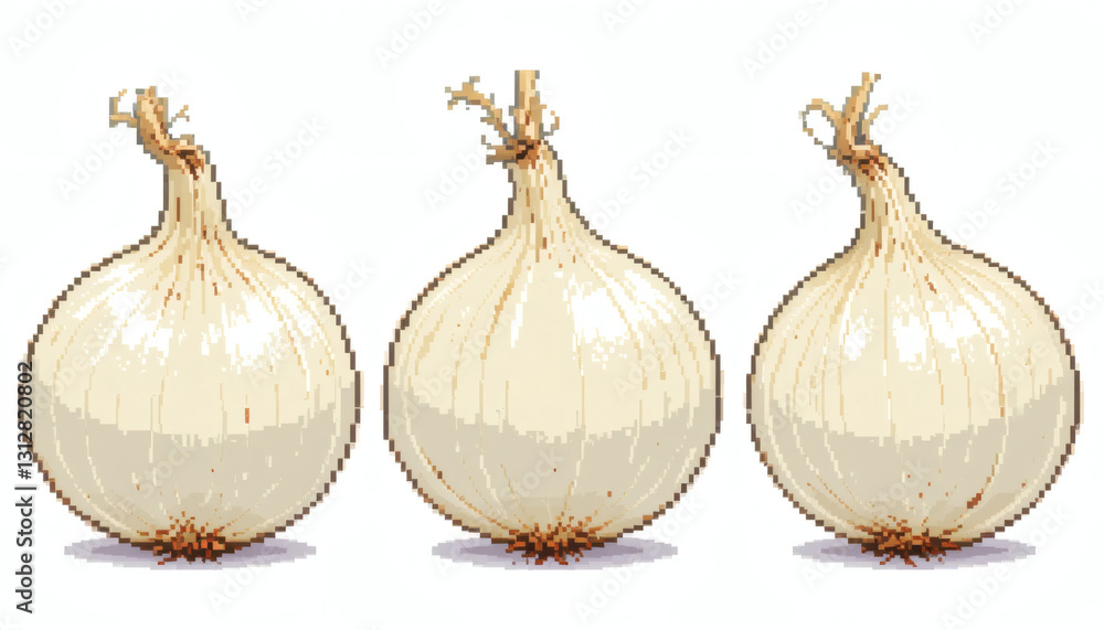 Obraz premium 8-Bit Pixelated White Onion with Peeling Outer Skin – Top-Down, Side, and Angled Views – Retro Pixel Art – Isolated on White Background – Classic Pixel Onion Illustration