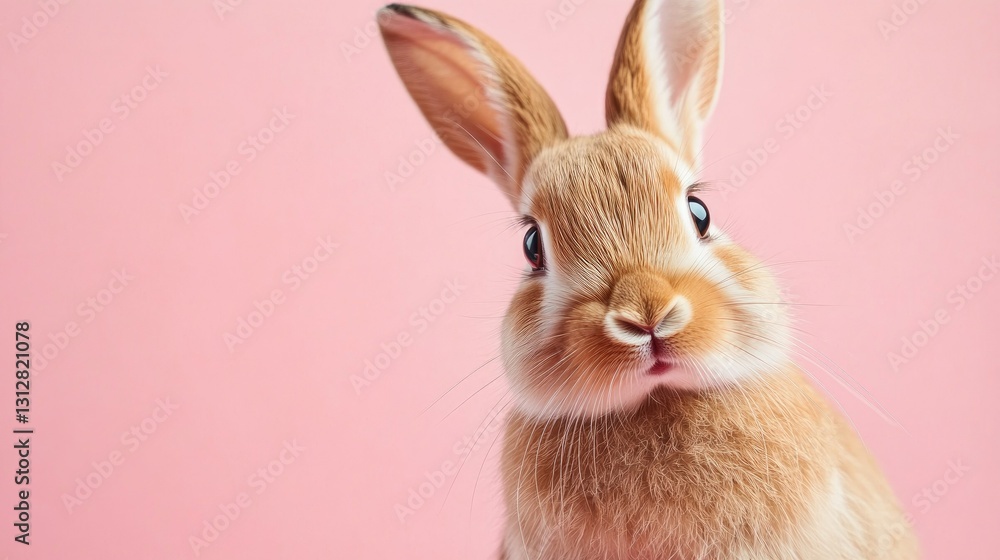 Fototapeta premium Photo of a little bunny, on a soft pink background Easter theme