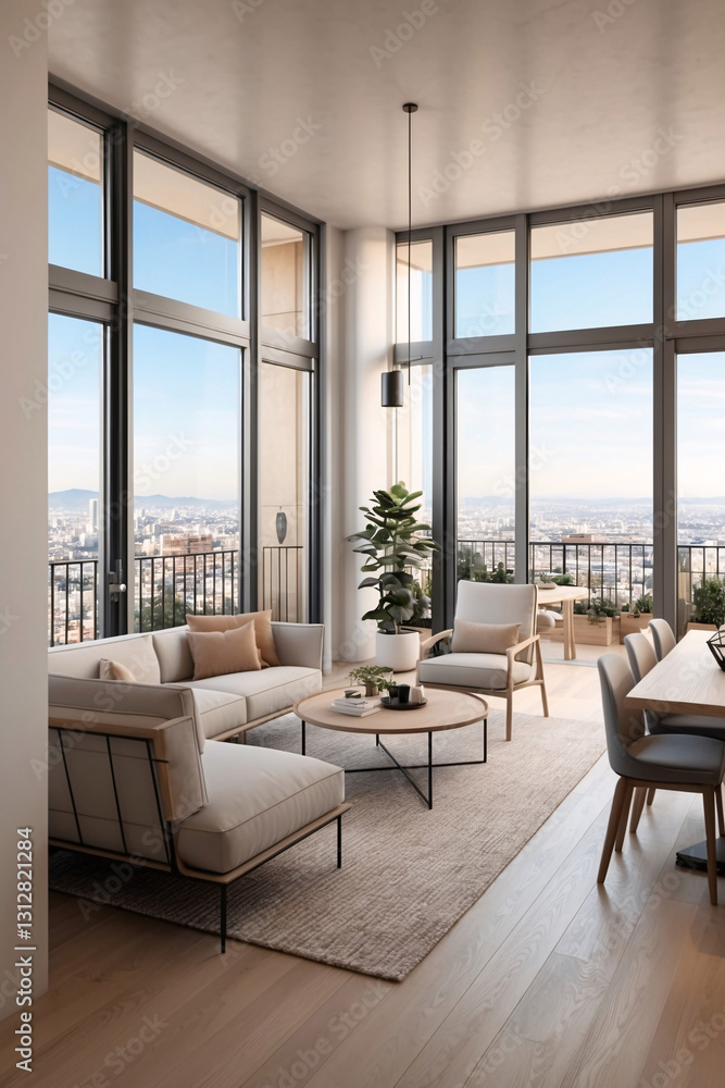 Fototapeta premium Cozy beige minimalist living room with second floor window offering breathtaking city view and an inviting natural light filled ambiance Interior Design Inspiration