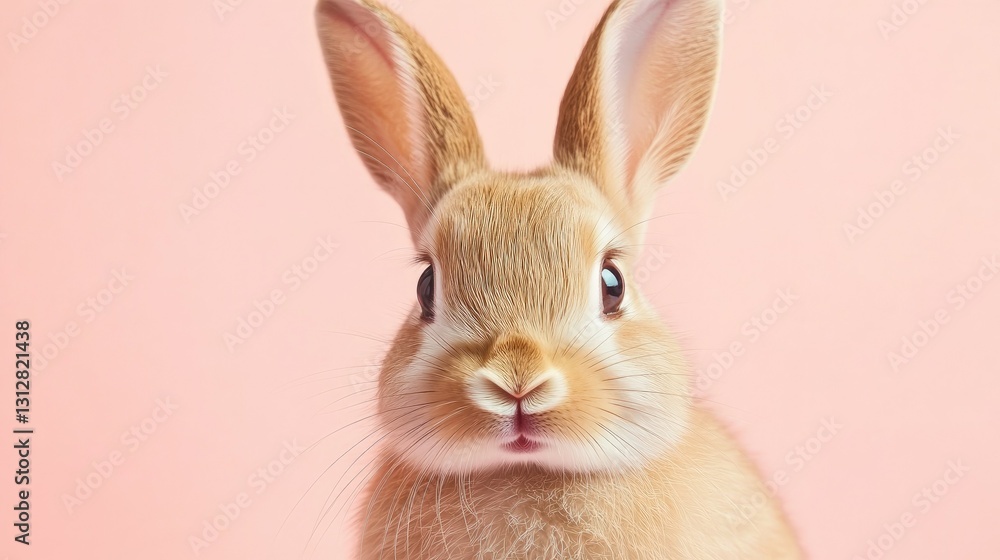 Obraz premium Photo of a little bunny, on a soft pink background Easter theme