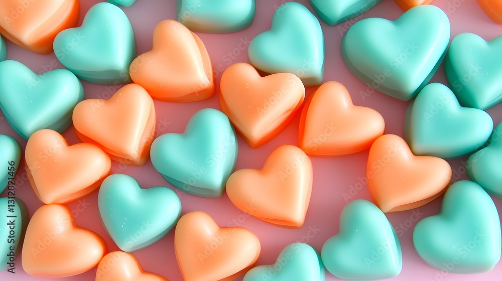 Fototapeta premium Pastel Peach and Mint Heart Shaped Candies Background