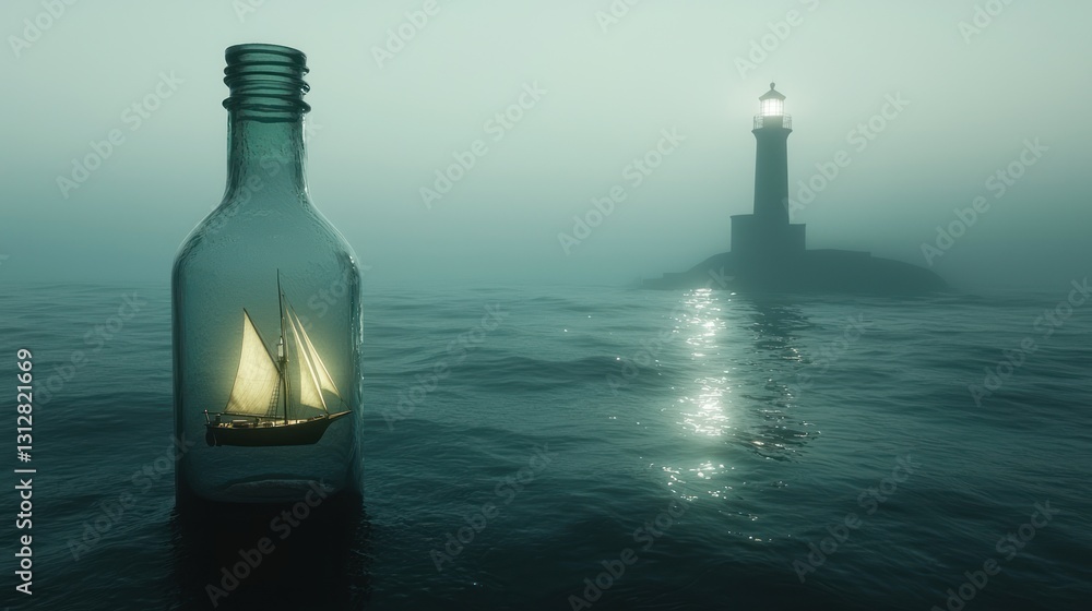 Obraz premium Miniature sailboat in a bottle adrift at sea with a distant lighthouse in fog.