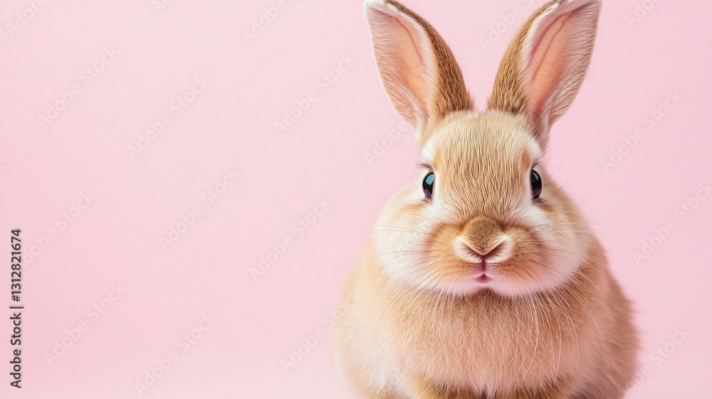 Obraz premium Photo of a little bunny, on a soft pink background Easter theme