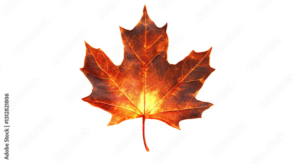 Fototapeta premium Glowing orange maple leaf on transparent background representing autumn