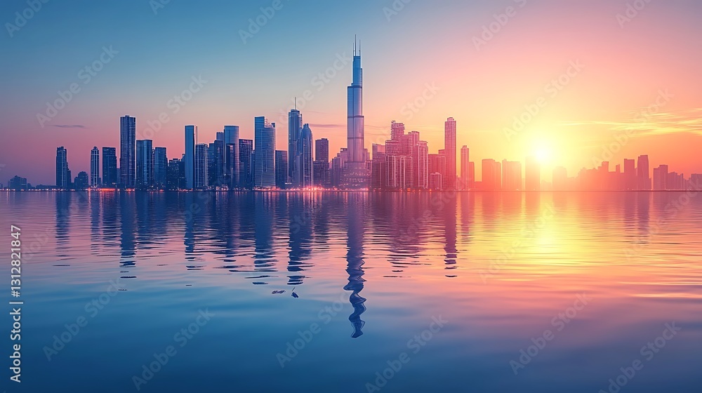 A beautiful cityscape reflecting in calm water during a sunrise A beautiful cityscape reflecting in calm water during a sunrise