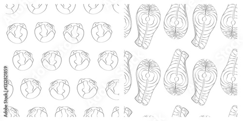 Outline brussels sprouts heads and Salmon steak Seamless pattern Healthy eating Day Background Set 4