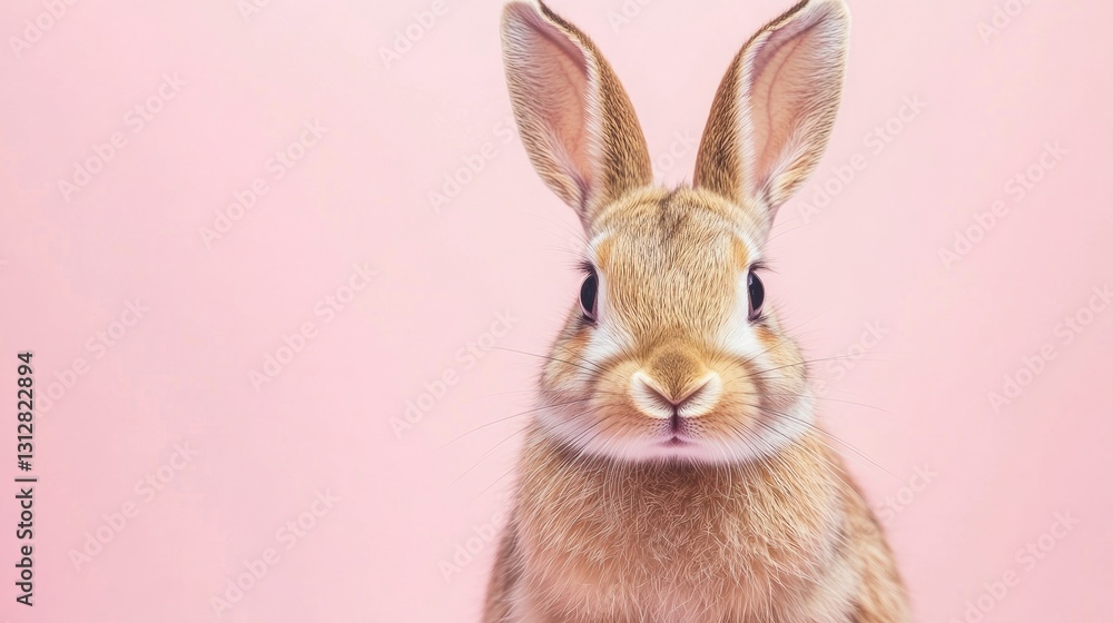 Obraz premium Photo of a little bunny, on a soft pink background Easter theme