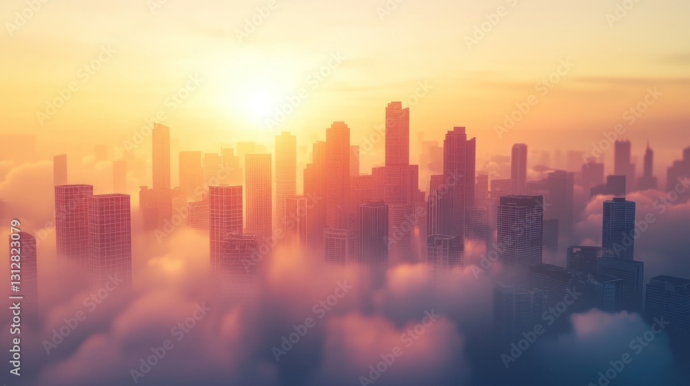 Fototapeta premium Cityscape above clouds at sunset.