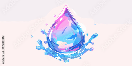 Vibrant water drop with splash in flat style vector icons set.