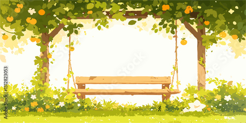 Flat style garden swing vector icons set featuring lush greenery and fruits.