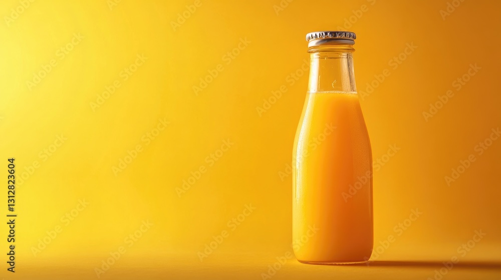 Refreshing orange juice in a glass bottle against a bright yellow background ideal for summer beverages and healthy drinks Refreshing orange juice in a glass bottle against a bright yellow background ideal for summer beverages and healthy drinks