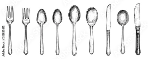 Flat linear icons set of vintage cutlery - forks and spoons vector.