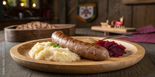 Savory sausage served with creamy mashed potatoes and red beets in a rustic setting