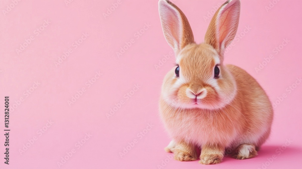 Obraz premium Photo of a little bunny, on a soft pink background Easter theme