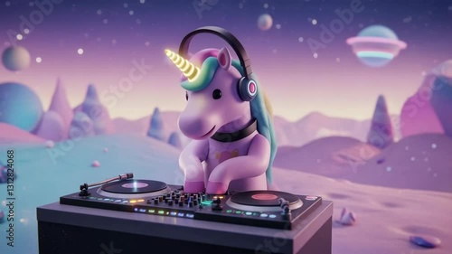 3D cartoon character of unicorn DJ playing music in fantasy land