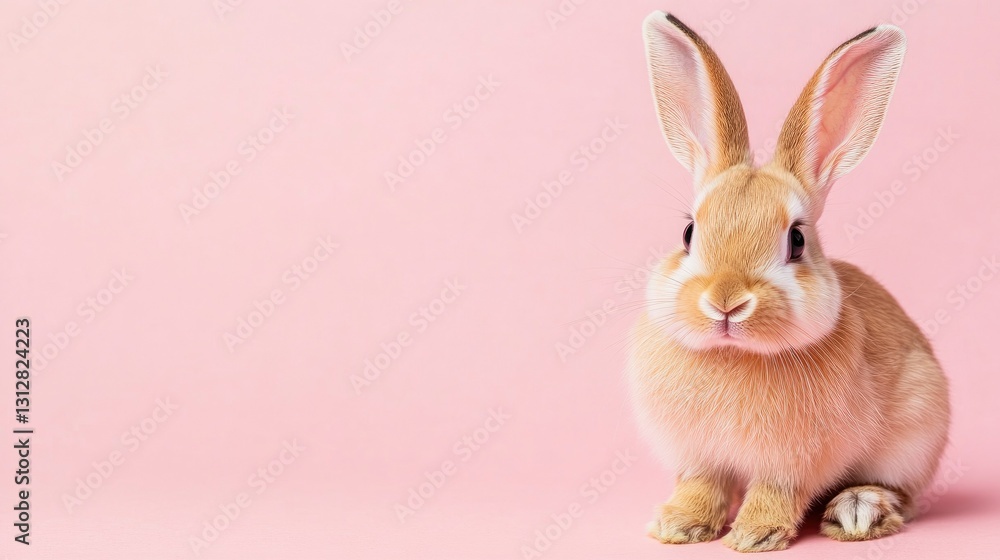Obraz premium Photo of a little bunny, on a soft pink background Easter theme