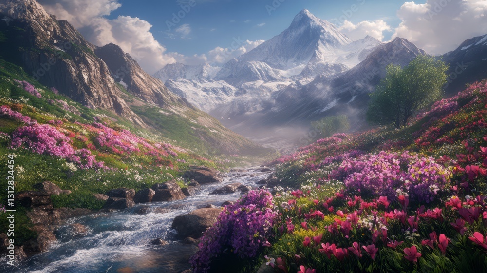 Fototapeta premium A beautiful mountain landscape with a river running through it. The flowers are in full bloom and the sky is clear
