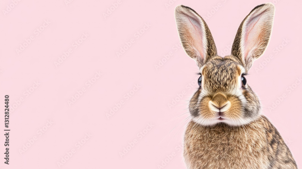 Obraz premium Photo of a little bunny, on a soft pink background Easter theme