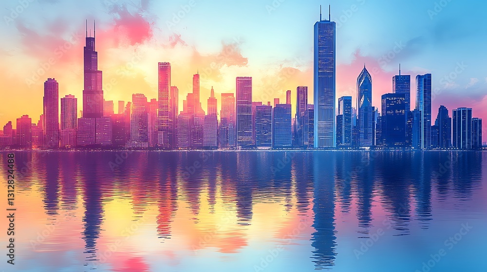 A vibrant modern city skyline reflected over tranquil water A vibrant modern city skyline reflected over tranquil water