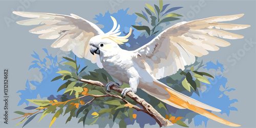 Flat style parrot icons set featuring cockatoo on branch in vibrant nature vector art.