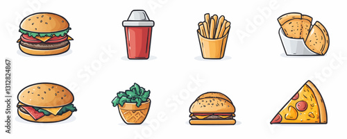 Flat fast food icons set - vector style featuring burgers, fries, pizza, and more.