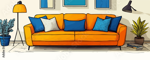 Modern flat icons set: cozy living room with orange sofa and blue accents in vector style.