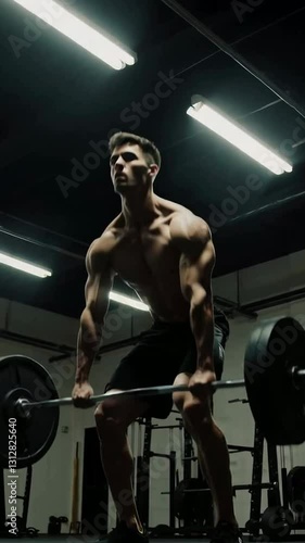 Intense gym workout: young man performing deadlifts with focus and strength in dimly lit fitness center