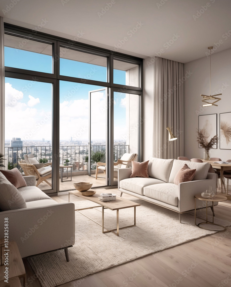 Fototapeta premium Beige minimalist living room in spacious second floor window with city views and modern design aesthetic Interior Design Inspiration