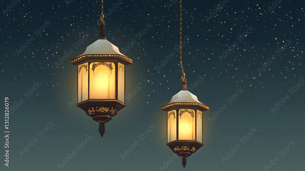 Glowing Ramadan Lanterns Night Sky Festive Illustration Glowing Ramadan Lanterns Night Sky Festive Illustration