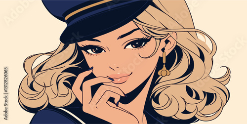 Elegant woman in sailor hat flat vector style icons set with accessories.