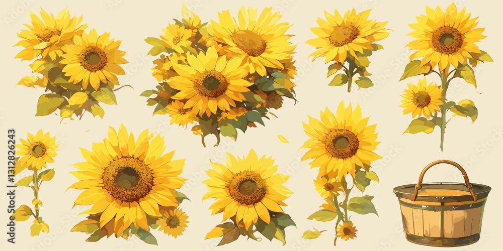 Flat style sunflower icons set with yellow blooms and basket vector. Flat style sunflower icons set with yellow blooms and basket vector.
