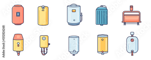 Flat line icons set of home appliances - water heaters and boilers in vector style.