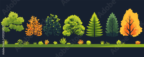 Flat icons set of diverse trees in vector style featuring seasonal variations and foliage.