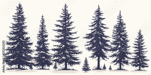 Flat evergreen trees icons set in linear style - vector forest design.