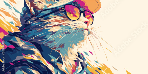 Cool cat in sunglasses and hat - stylish flat icons set in vibrant colors.