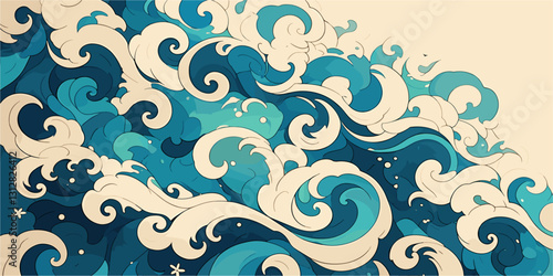 Flat style icons set of ocean waves with decorative patterns in vector art.