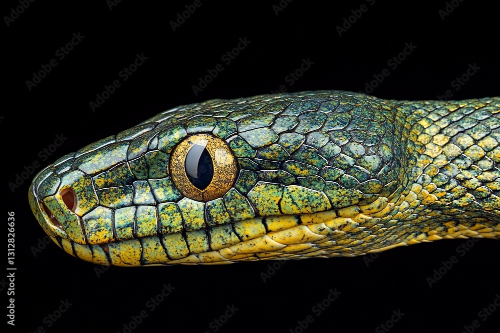 Fototapeta premium Close-up of a vibrant green snake's head against a black background, showcasing intricate scales and a captivating eye.