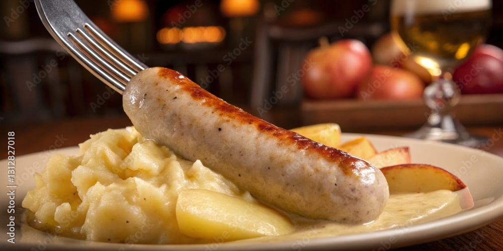 Delicious sausage served on creamy mashed potatoes with sliced apples and a beverage in a cozy restaurant setting