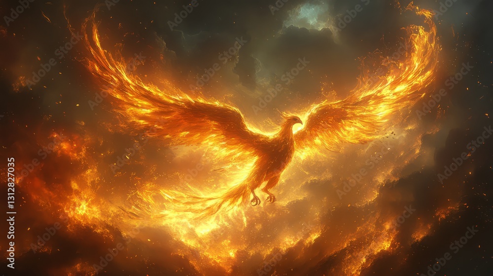 Obraz premium A fiery bird is flying through a sky filled with smoke and fire. Concept of danger and chaos, as the bird's wings are ablaze with flames. The scene is both beautiful and terrifying