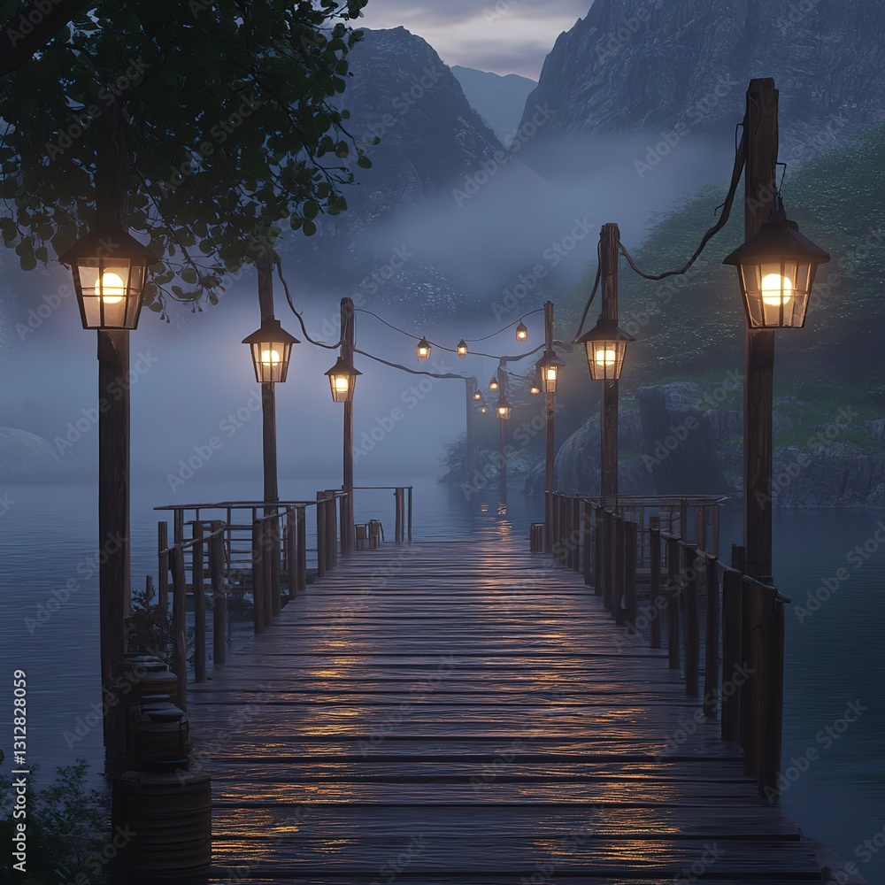 Obraz premium Rustic fishing dock illuminated by lanterns, soft glowing light reflecting off calm water, surrounded by misty hills, ultra-detailed, photorealistic and tranquil