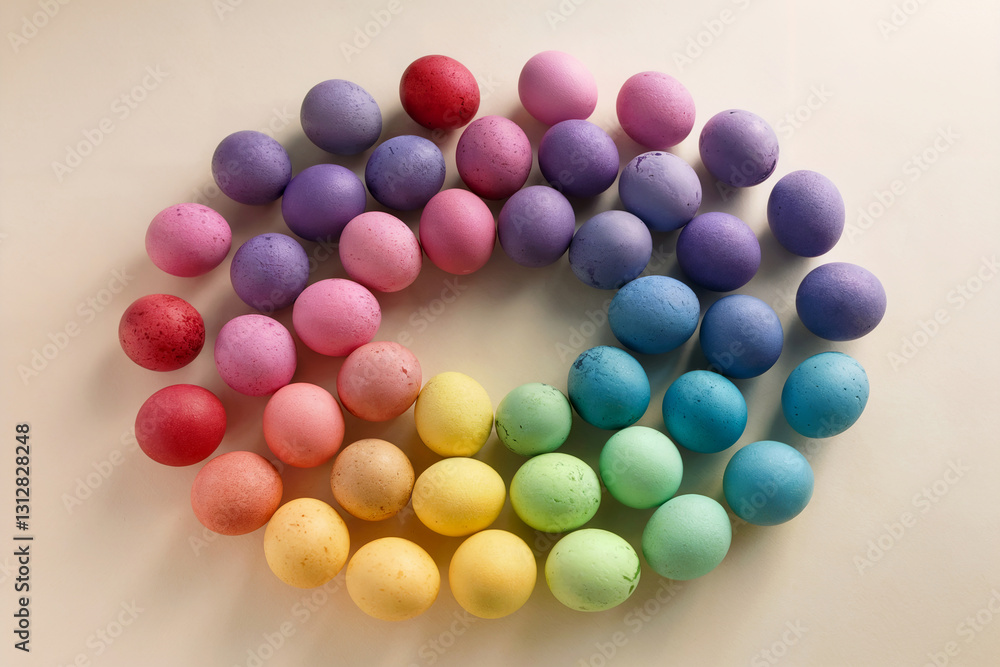 Colorful arrangement of Easter eggs in a circular pattern for spring celebration Colorful arrangement of Easter eggs in a circular pattern for spring celebration